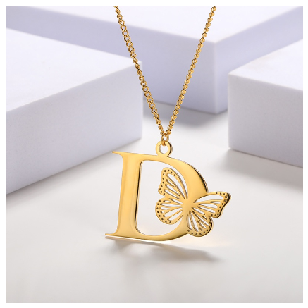 High-quality 18k Gold Plated A-Z Letters Necklace Stainless Steel Butterfly Necklace for Women Men Couple Fashion Jewelry D