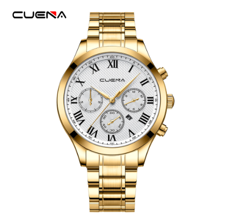 Original CUENA Men's Watches Fashion Vintage Creative Dial Casual Business Sport Gold Stainless Steel Water Resistant Quartz Analog 6059 04