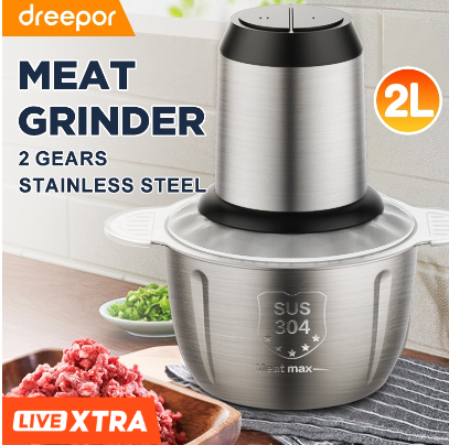 Dreepor 2L Electric Meat Grinder Stainless Steel Chopper and Blender Multifunctional Food Processor