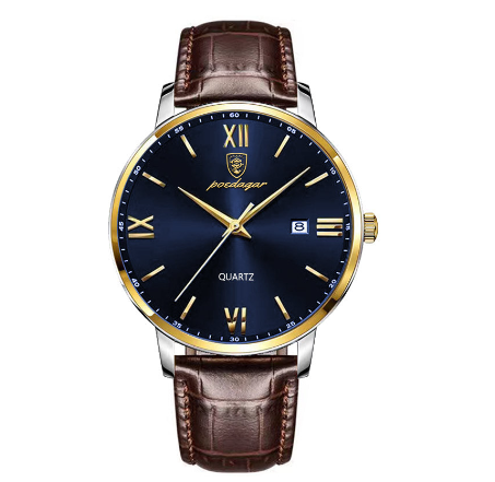 POEDAGAR genuine leather watch for men waterproof 2023 original branded ultrathin calendar luminous casual quartz watch GOLD BLUE