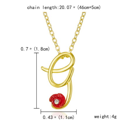Fashion 26 Letter Necklace Ladies Red Rose Flower Clavicle Pendant Necklace Rhinestone Retro English Letter Necklace G