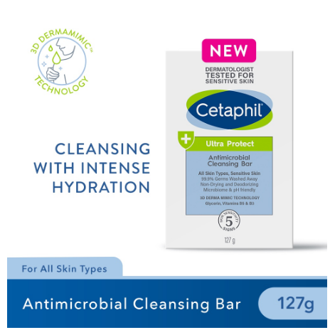 Cetaphil Ultra Protect Antimicrobial Cleansing Bar 127gm (Antibacterial / Hydrating / Body Bar Soap)