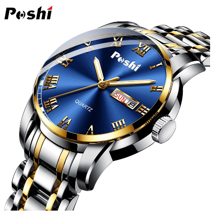 POSHI Original Men Wristwatch Automatic Week Calendar Waterproof Luxury Quartz Watch SILVER GOLD BLUE