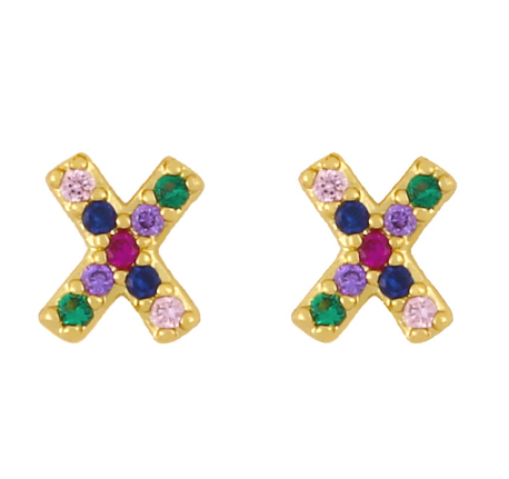 New European and American Fashion Gold 26 Letters Colorful Zircon Alphabet Stud Earrings Women Jewelry Gifts X