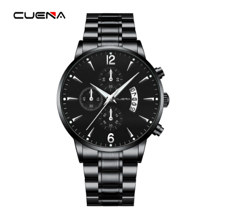Original CUENA Men's Watches Fashion Slim 43CM Dial Casual Business Sports Stainless Steel Waterproof Quartz Analog Watch BLACK SILVER