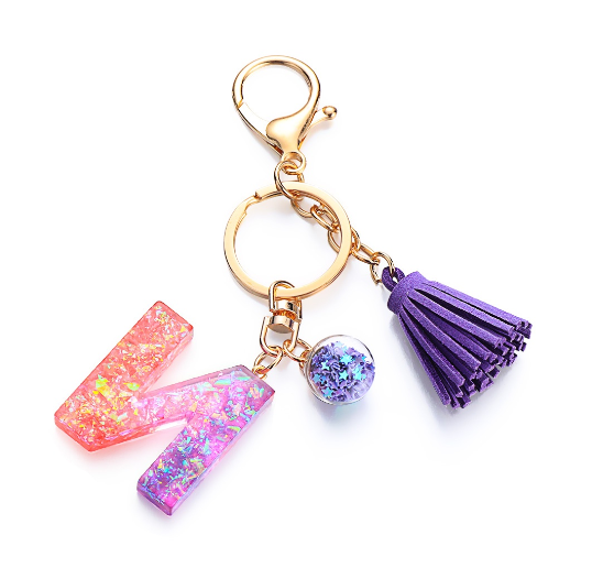 Cute Creative 26 Letter Alphabet Crystal Glitter Resin Keychain Women Tassels Keyring Car Key Holder Bag Charms Accessories N