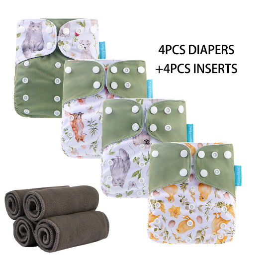 HappyFlute Baby Ecological Cloth Diapers Adjustable Washable Reusable Cloth Nappy For Baby Girls and Boys 4pcsDiaper+4pcs Inserts Set 12