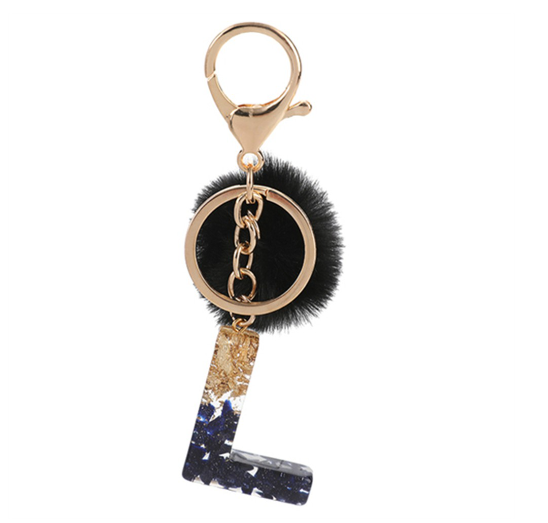 New Black Pompom 26 English Alphabet Resin With Gold Foil Keychain Charms Exquisite Letter Keyring L