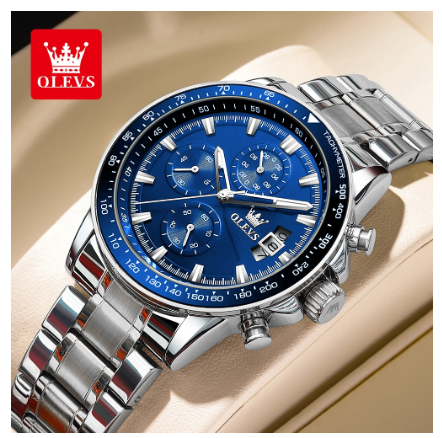 Olevs Watch For Men Waterproof Original Quartz Luminous Calendar Stainless Steel Watch BLUE DIAL SILVER CASE