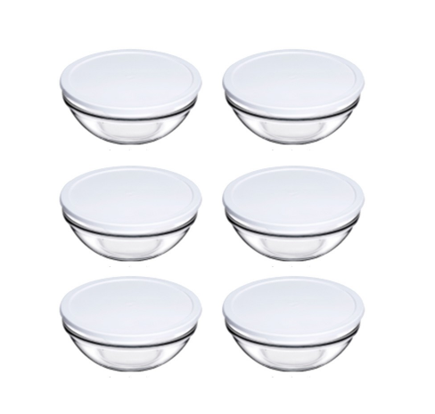 Pasabahce Chef's Medium Glass Bowl w/ White Lid 1135cc 37 3/4oz, Set of 6 (53563WHT 6s)