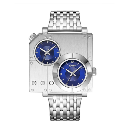 Oulm Square Personality Casual Large Dial Men's Watch Double Time Zone Steel Band Quartz Men Gold SILVER BLUE