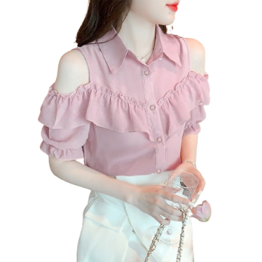 Lovito Casual Plain Button Ruffle Blouse for Women LNA10169 (Pink)