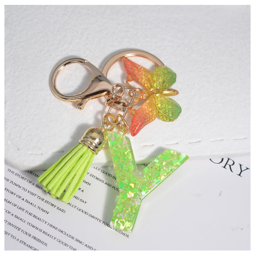 Glitter Green 26 Letter Resin Keychain Fashion Sequin Filled A-Z Alphabet Keyrings For Women Car Key Holder Accessories Souvenir Y
