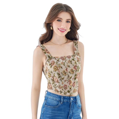 Lovito Vintage Floral Square Neck Sleeveless Crop Tops for Women L49ED016 (Multi-Color)