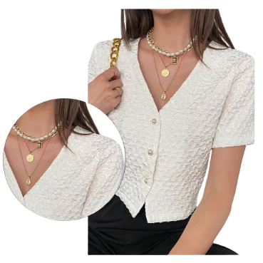 Lovito Casual Plain Button Front V-neck Short Sleeves Blouse for Women LNE02084 (White)