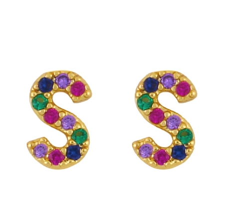 New European and American Fashion Gold 26 Letters Colorful Zircon Alphabet Stud Earrings Women Jewelry Gifts S