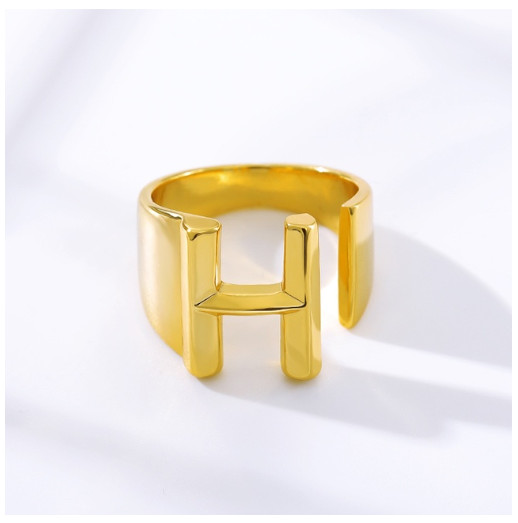 Maxzone Fashion Adjustable Open Gold Initial Rings For Women Stainless Steel A-Z Letter Ring Ladies Meaningful Wedding Jewelry Gift H
