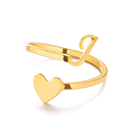 Gold Stainless Steel A-Z Rings Initial Letters Heart Rings Women Fashion Non Fading Jewelry Adjustable J