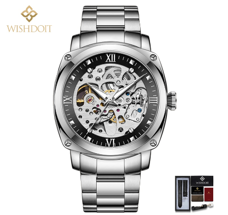 WISHDOIT Automatic Mechanical Watch for Men Original Waterproof Stainless Steel Silver Gold Business Fashion Trend LuminouS Watch SILVER  BLACK