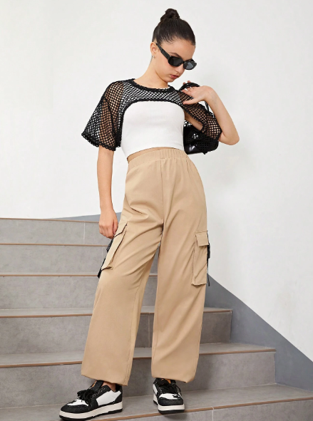 SHEIN Teen Girl Mesh Crop Top, U-Neck Vest, Pocket Decoration Cargo Pants 3-Piece Casual Suit