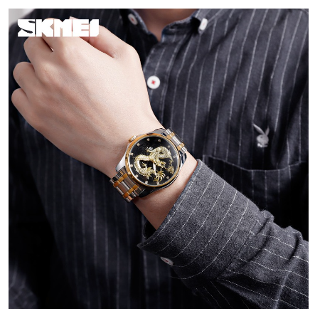 Skmei Men Quartz Luminous Luxury Gold Waterproof Dragon Watch 9193 SILVER BLACK