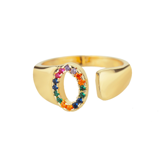 Maxzone Fashion Colorful Chunky Wide Letter A-Z Rings For Women Gold Opening Initial Letter Ring Femme Wedding Party Jewelry O