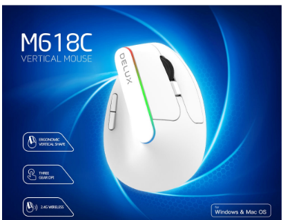 Delux M618C 2.4Ghz Wireless Vertical Mouse Ergonomic Design 6 Button 1600Dpi Computer USB Colorful Light Game Mice For Pc White Color