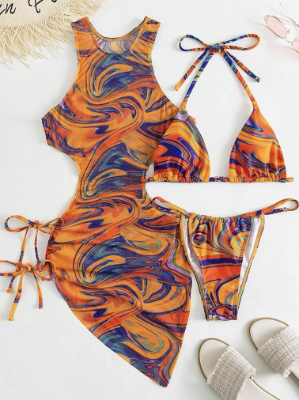 New Hollow Binding Bikini Set Drawcord Three-Piece Swimsuit