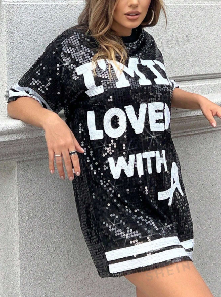 Apperloth A Rave Festival Slogan Print Contrast Sparkling Sequin Round Neck Drop Shoulder Short Sleeve Club Tee Dress