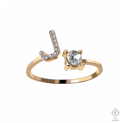 26 Letter Rings Cubic 14K Gold Promise Ring Diamond Ring Wedding 925 Silver Ring Adjustable Size J