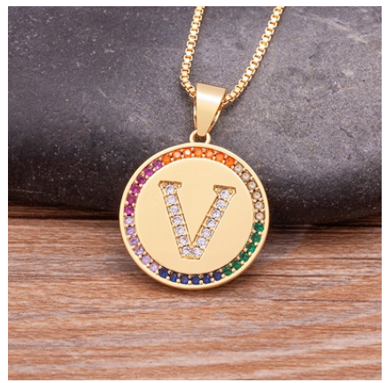 New Arrival Luxury A-Z Initial 26 Letters Pendant Charm Chain Necklaces High Quality Zircon Rainbow Jewelry V