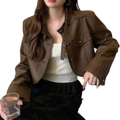 Lovito Women Casual Plain Button Fake Pocket Jacket LNE30296 (Coffee)