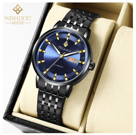 ISHDOIT Watch For Men Original Waterproof Stainless Business Fashion Luminous Automatic Mechanical Wristwatch SILVER BLUE 1