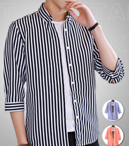 Striped Polo For Men 4/3 Sleeve Vertical Casual Shirt Hawaii Beach Loose