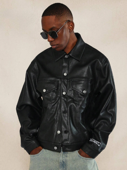 SUMWON PU Trucker Jacket With Sleeve Embroidery Detail & Back Patch