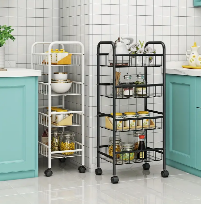 4-Tier Metal Mobile Storage Cart with Wheels, Multipurpose Home Kitchen Organizer Rack, Snack Toy Office Dorm Bedroom Bathroom Shelving Unit, No Assembly Required, Durable and Portable