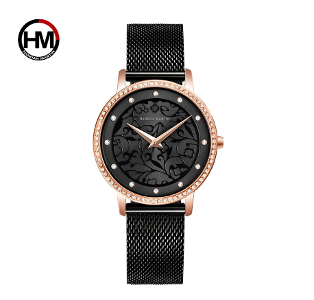 Hannah Martin Ladies Luxury Watch Japan Imported Movement Top Layer Cowhide & Milan Stainless Steel Strap 3ATM Waterproof Watch BLACK