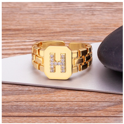 New Arrival Fashion Gold Color Initial Ring Open Design Adjustable Hot Sale A-Z Letters Zircon Rings For Women H