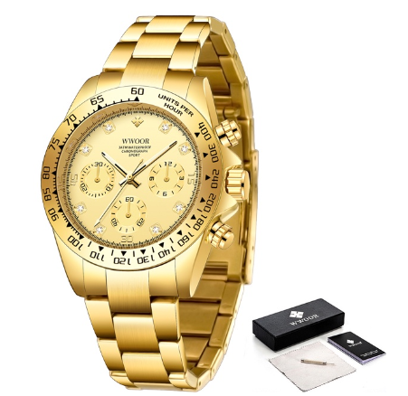 Wwoor Top Brand Men Sports Quartz Watches Stainless Steel Military Waterproof Chronograph Date Luxury GOLDEN SHELL and SURFACE