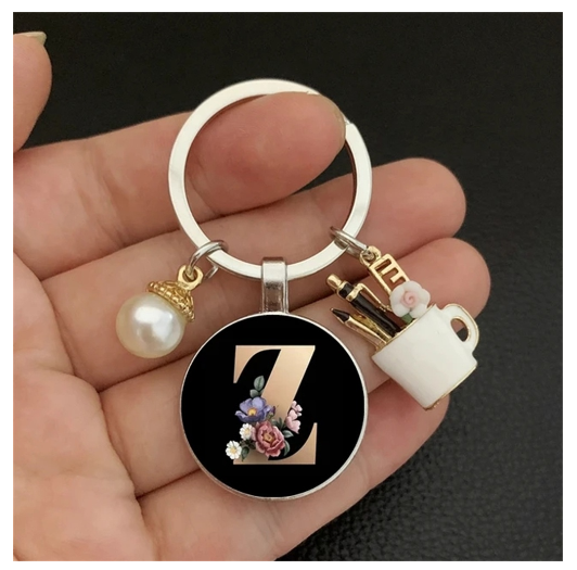 Fashion 26 Letter Keychains Imitation Pearl Rose Round Initials Keyrings Cup Pendant Car Keyholder Bag Ornaments Accessories Z