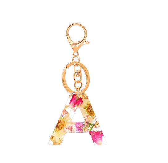 A-Z 26 Letter Pendant Keychains Resin Dried Flower Alphabet Keyring Charm Women Cute Bag Ornamant Accessories Gifts A