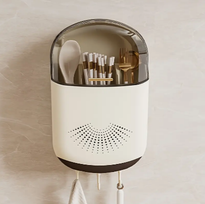 1pc, Wall-mounted Cutlery Holder, Kitchen Utensil Organizer, Plastic Draining Chopsticks/Spoon Storage Box With Cover, Moisture Proof, Kitchen Storage Items