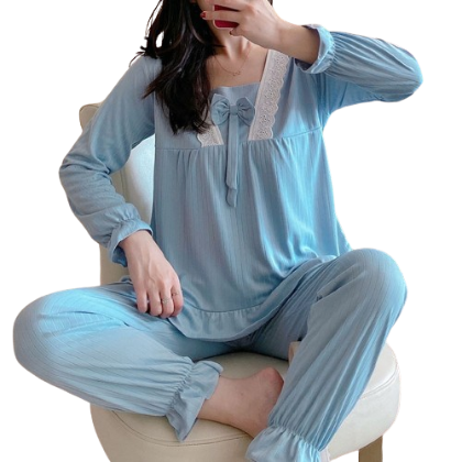 Lovito Women Fabric Stitching Basic Pajama Set LNA29519 (Blue)