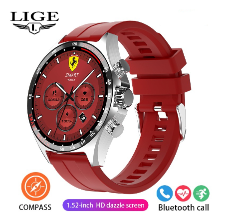 LIGE New GPS Smart Watch Men Outdoor Compass Sport Fitness Bracelet Bluetooth Call Clock Waterproof Steel Smartwatch SILICONE RED