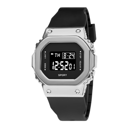 Original LED Multifunctional Digital Unisex Waterproof Sports Fashion Luxury Square Luminous Watch Trendy Men Women Silicone BLACK SILVER