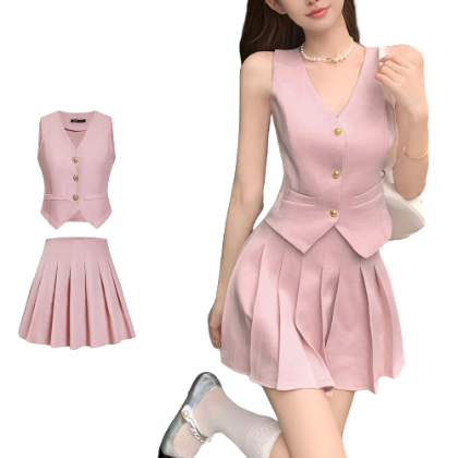Lovito Women Casual Plain Button Front Pleated Skirt Set L74ED285 (Pink)