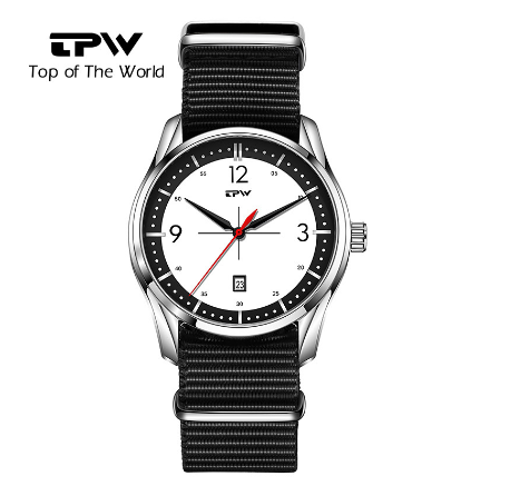 TPW Men Watch Fabric Strap Wrist Watches White Dial Date Window Calender Quartz Watch BLACK NYLON STRAP