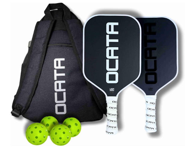 USAPA Tournament Approved Carbon Fiber Pickleball Paddles Set of 2 | Ocata Lightweight Paddles for Power Performance, Pickleball Bag & 4 Balls Bundle for Men and Women