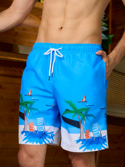 Men's Palm Tree Printed Drawstring Waist Casual Beach Shorts For Vacation