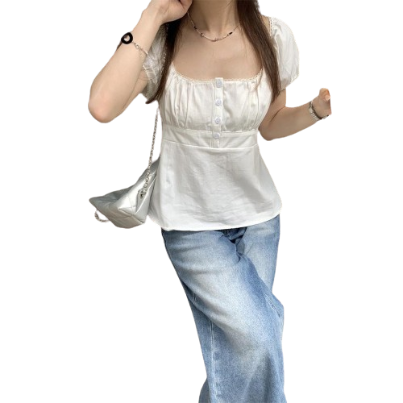 Lovito Women Button Front Lace Plicated Blouse LNE38334 (White)